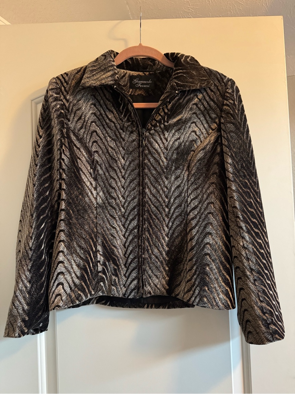 Vintage Giancarlo Ferrari Metallic Black Chinchilla-Print Zip Front Jacket
